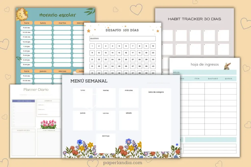 Caratula con diversas plantillas de planificadores para descargar en pdf e imprimir